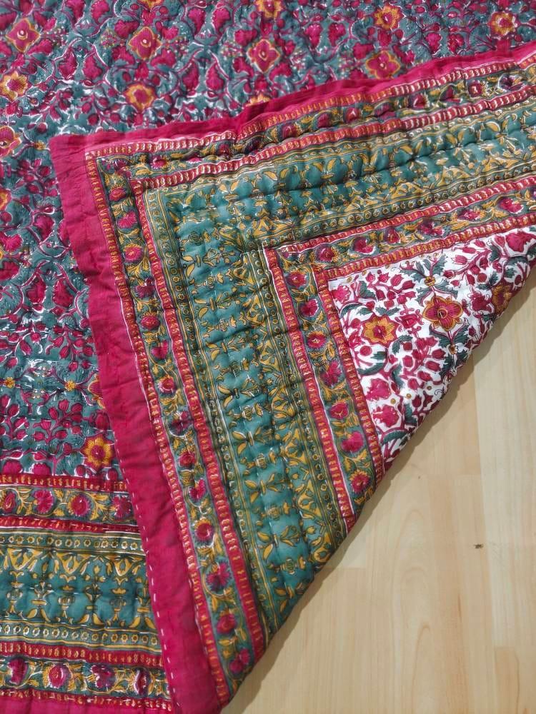 Handmade Floral Cotton Queen Quilt Set: Reversible Indian Block Print Bedding