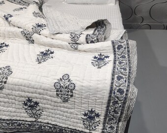 Hand Block Print Cotton Quilt: Reversible Indian Twin Bedding