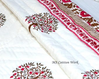 Hand Block Print Cotton Quilt: Reversible Tree Design Razai