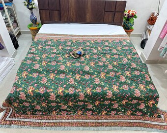 Hand Block Print Cotton Quilt: Queen Size Floral Bedding