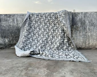 Hand Block Printed Grey Paisley Quilt – Queen/King Indian Jaipuri Coverlet