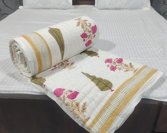 Hand Block Print Quilt: Indian Reversible Queen Size Razai