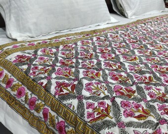 Hand Block Print Quilt: Geometric Floral Jaipuri Razai - Queen Size