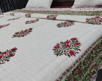 Hand Block Printed Queen Quilt: Reversible Indian Cotton Bedspread