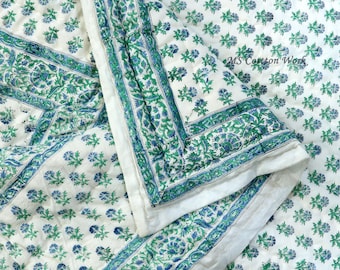 Hand Block Printed Cotton Quilt: Lightweight Green Floral Bedspread
