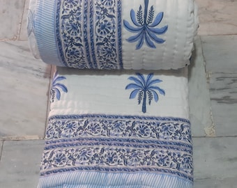 Blue Palm Tree Kantha Quilt: Hand Block Printed Cotton Bedspread