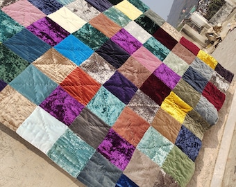 Hand Stitched Patchwork Velvet Quilt: Queen Size Hand Block Print