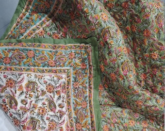 Hand Block Print Cotton Quilt: Vintage Floral Blanket, Queen Size