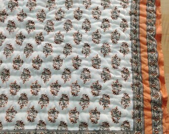 Handmade Indian Queen Cotton Quilt: Block Print Reversible Bedspread
