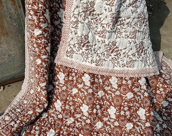Indian Pink Floral Cotton Quilt: Hand Block Print Bedspreads