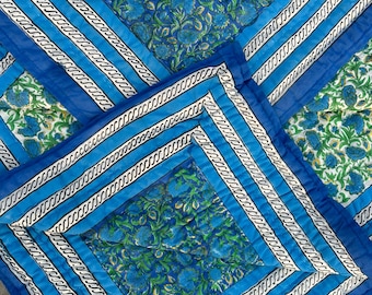 Handmade Indian Cotton Quilt, Blue Floral Block Print Reversible Lightweight Summer Bedding