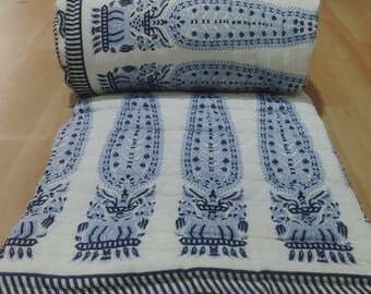 Hand Stitched Hand Block Print Quilt: Queen Size Cotton Bedding