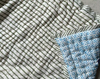 Hand Block Print Cotton Quilt: Hand Stitched Indian Bedspread