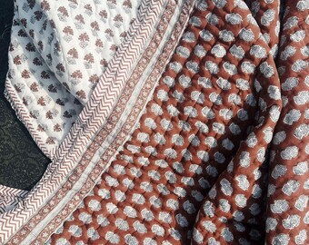 Floral Block Print Cotton Quilt, Reversible Kantha Razai, Handmade
