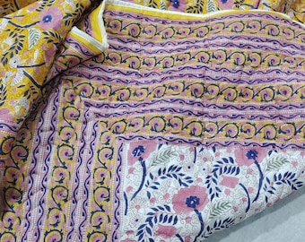 Hand Block Print Cotton Quilt: Reversible Floral Kantha Throw