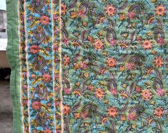 Hand Block Print Cotton Quilt: Floral Paisley Indian Bedding
