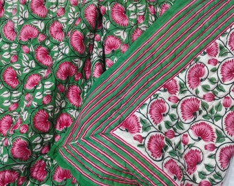 Hand Block Print Twin Quilt: Reversible Green Pink Jaipuri Razai