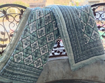 Hand Stitched Blue Flower Quilt: Reversible Cotton Bedding Set