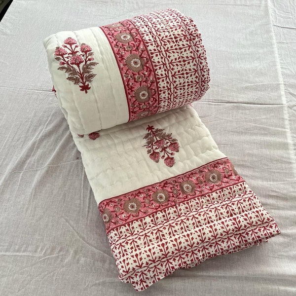 Indian Quilt Handmade Reversible Quilted Blanket Throw Hand Block Printed Razai Cotton Filling Winter Warm Quilt Queen Floral Print