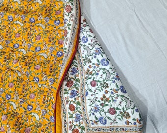 Hand Block Print Cotton Quilt: Reversible Floral Bedspread