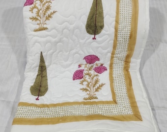 Hand Block Print Quilt: Indian Kantha Bedding, Reversible Cotton Bedspread