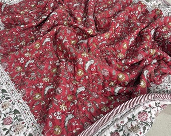 Handmade Red & Cream Cotton Quilt, Reversible Boho Bedding, Floral Jaipuri Razai