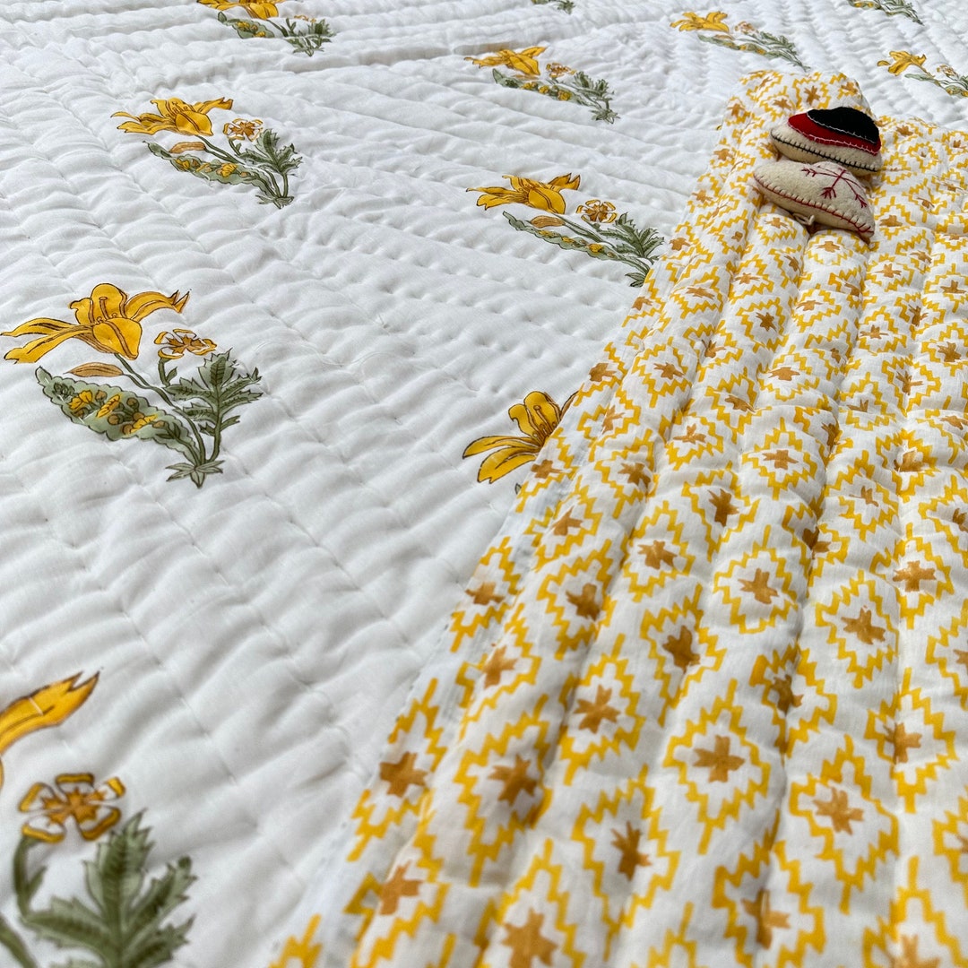 Hand Block Print Quilt Floral Dark Base, Soft Quality Quilt, Ultra Warm