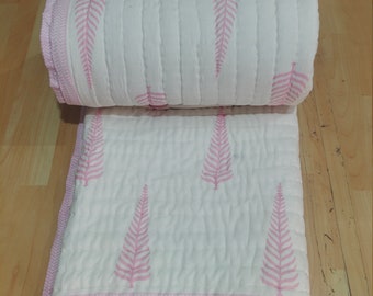 Handmade Indian Queen Quilt: Hand Block Printed Reversible Cotton Bedspread