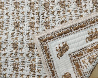 Handmade Indian Cotton Quilt: Queen Reversible Hand Block Print Bedspread
