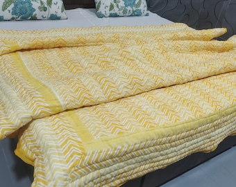 Hand Block Print Cotton Queen Quilt, Reversible Zig Zag Bedspread, Handmade Kantha Razai Throw