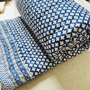 Blue Checks Bohemian Block Print Cotton Quilt – Handcrafted Twin Size Bedspread for Bedroom Decor image 9