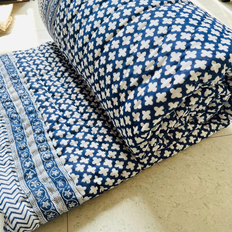 Blue Checks Bohemian Block Print Cotton Quilt – Handcrafted Twin Size Bedspread for Bedroom Decor image 9