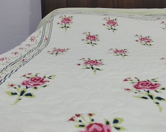 Pink Floral Hand Block Print Quilt: White Cotton Boho Bedspread