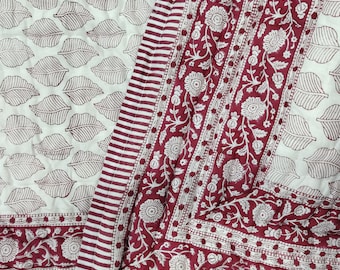 Hand Block Print Cotton Quilt | Red Leaf Pattern Bed Cover, Natural Bedding