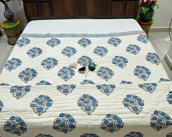 Hand Block Print Cotton Quilt: Floral Kantha Queen Bedding