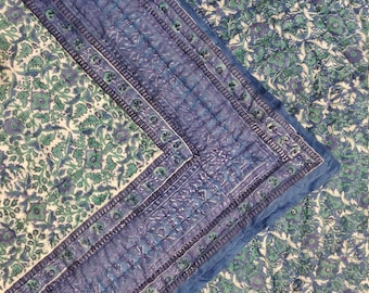 Hand Stitched Organic Cotton Quilt: Blue Bohemian Block Print