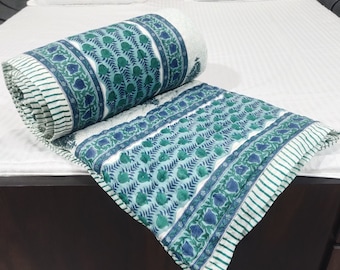 Hand Block Printed Cotton Quilt: Floral White Blanket Bedspread