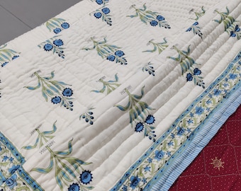 Hand Block Print Cotton Quilt, Floral Jaipuri Razai, Handmade Queen Bedspread