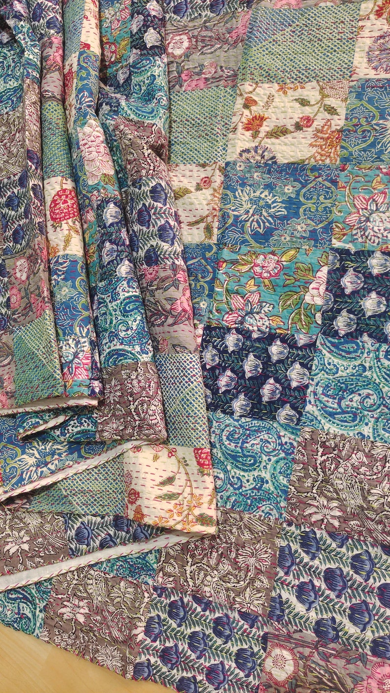 Indian Handmade Running Kantha Fabric Hand Block Print Reversible Bohemian Bedspreads, Kantha Quilt, Boho Quilt