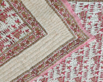 Hand Block Print Queen Quilt: Pomegranate Design, Handmade Cotton Bedding