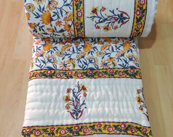 Hand Block Print Floral Quilt: Handmade Cotton Bedspread