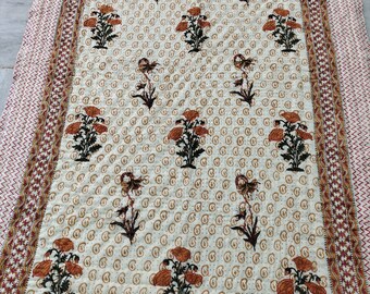 Handmade Mustard & Terracotta Quilt - Botanical Indian Cotton Throw - Jaipuri Razai