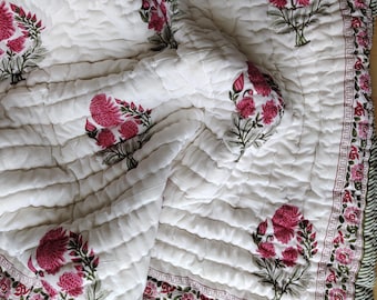 HandBlock Print Handmade Queen Floral Cotton Quilted Quilt Cotton Blanket Handmade Bedspread Hand Block Print, 100% Cotton Blanket Throw
