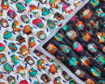 Hand Stitched Owl Quilt: Rainbow Animal Print, Hand Block Cotton
