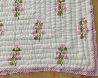 Hand Block Print Cotton Quilt: Green Floral Twin Bedspread