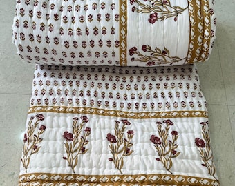 Hand Block Print Cotton Quilt: Floral Brown Stitching