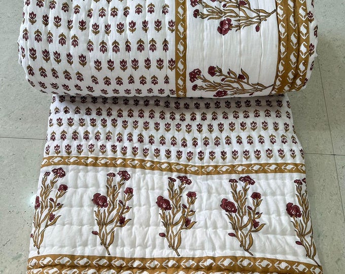 Featured listing image: Hand Block Print Cotton Quilt: Floral Brown Stitching