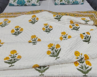Handmade Yellow Floral Quilted Blanket: Reversible Hand Block Print Cotton Razai