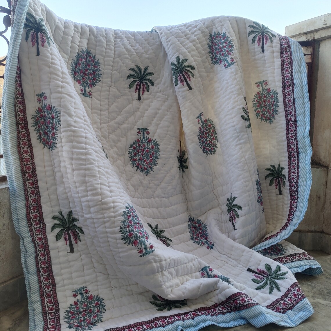 Block Print Quilt New Palm Tree Wood Print Cotton Reversible | Etsy