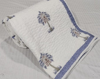 Palm Tree Quilt, Reversible Hand Block Print Cotton Bedcover, Queen Size